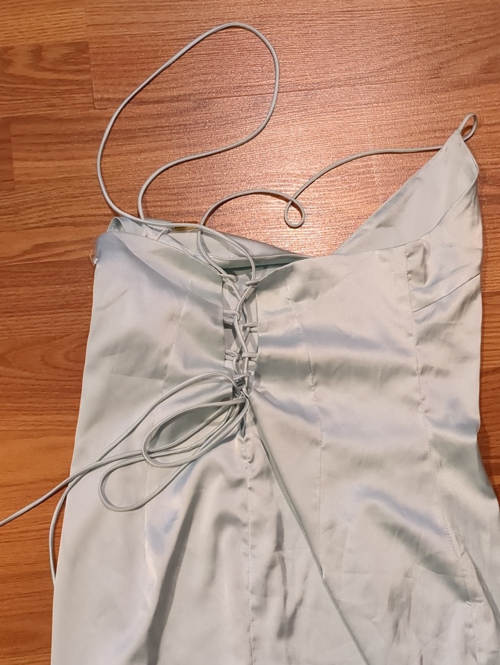MESHKI NWT Annie Lace Up Back Satin Mini Dress Sage Size Medium - Picture 8 of 8